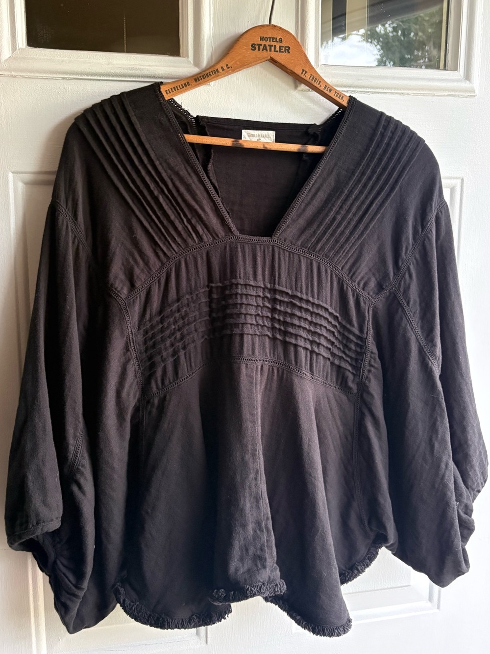 World Market Women’s S/M 100% Cotton Leah Pleated Balloon Sleeve V-Neck Blouse